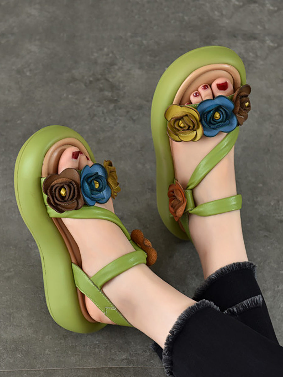 Women Vintage Leather FLower Platform Sandals