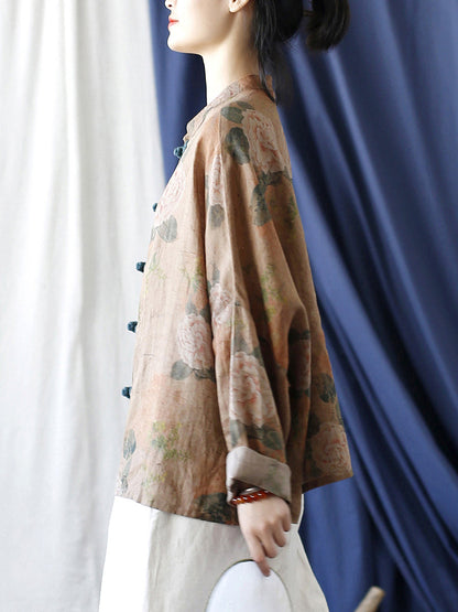 Women National Style Flower Button Loose Ramie Shirt
