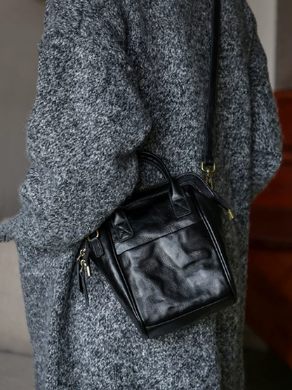 Crinkled Leather Handbag Travel Backpack