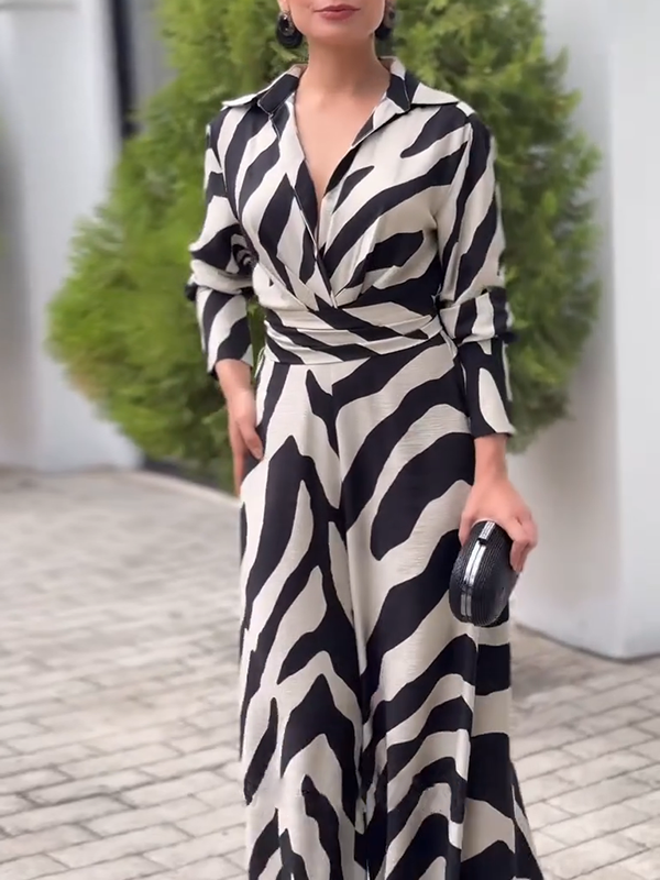 Long Sleeves Wide Leg Split-Joint Tied Waist Zebra Printed Lapel Jumpsuits