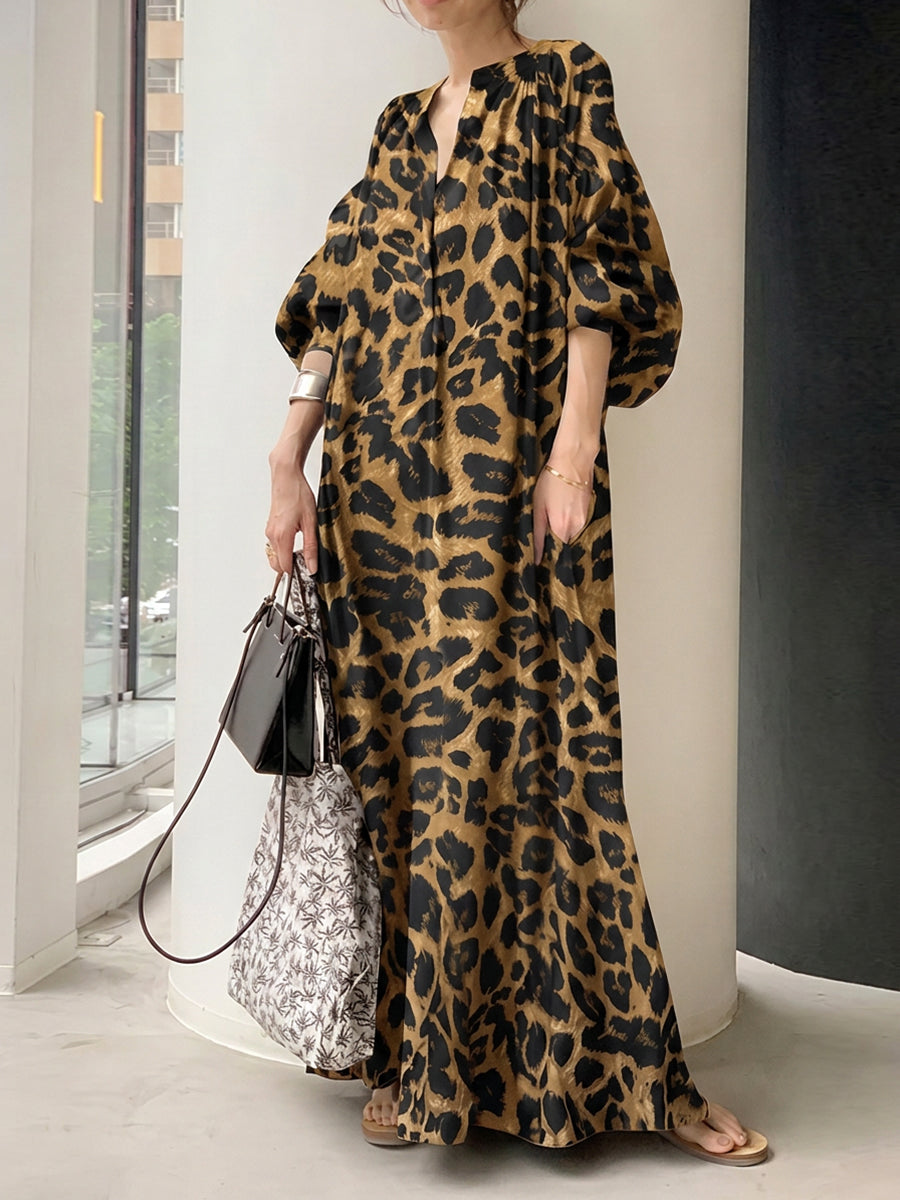 Half Sleeves Loose Contrast Color Leopard Pleated V-Neck Maxi Dresses
