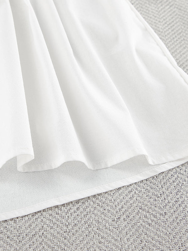 Loose Puff Sleeves Lace-Up Pleated See-Through Solid Color V-Neck Mini Dresses Sleep Dress