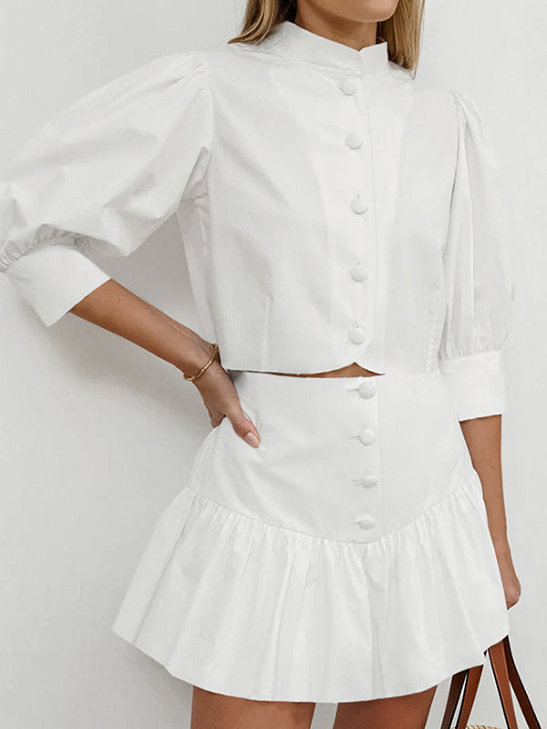 Solid Color Puff Sleeves Split-Joint Stand Collar Blouses + Pleated High Waisted Skirts Two Pieces Set