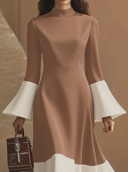 Flared Sleeves High Waisted Contrast Color Pleated Split-Joint Mock Neck Maxi Dresses