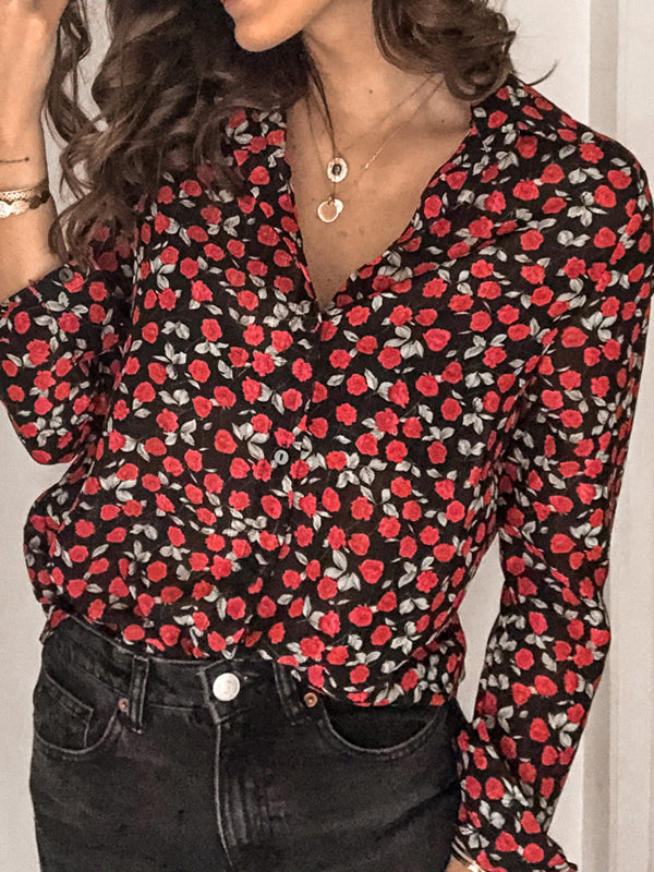 Long Sleeves Loose Buttoned Flower Print Lapel Blouses&Shirts Tops