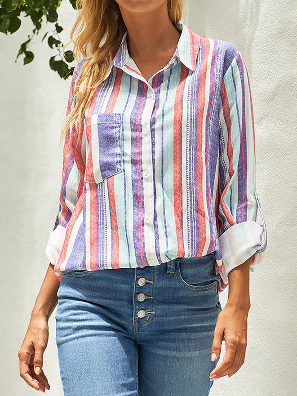 High-Low Long Sleeves Buttoned Pockets Striped Lapel Blouses&Shirts Tops