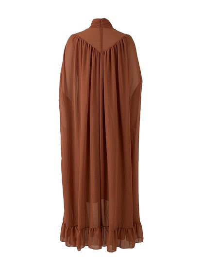 Cape Irregularity Layered Pleated Ruffled See-Through Solid Color Split-Joint High Neck Maxi Dresses