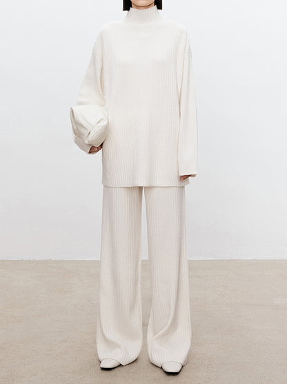 Solid Color High-Neck Long Sleeves Sweater Top + Wide Leg Pants Bottom Two Pieces Set