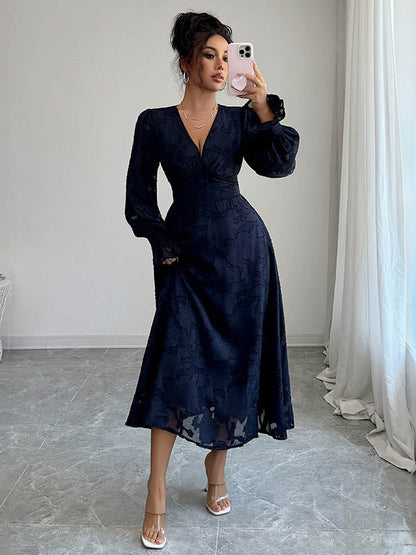 A-Line Elasticated Waist Jacquard Leaves Print Ruffled Solid Color Split-Joint Deep V-Neck Midi Dresses