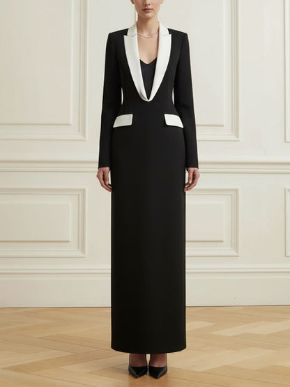 Long Sleeves Contrast Color Deep V-Neck Maxi Dresses