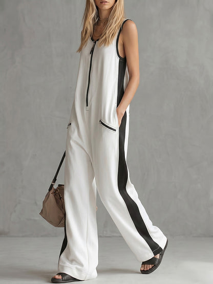 Loose Sleeveless Contrast Color Pockets Zipper V-Neck Jumpsuits