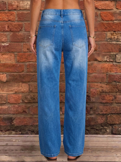 High Waisted Wide Leg Buttoned Hollow Pockets Split-Joint Jean Pants Bottoms
