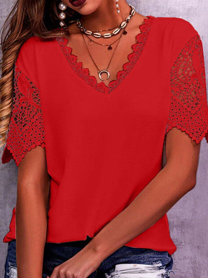 Loose Plus Size Hollow Solid Color Split-Joint V-Neck T-Shirts Tops