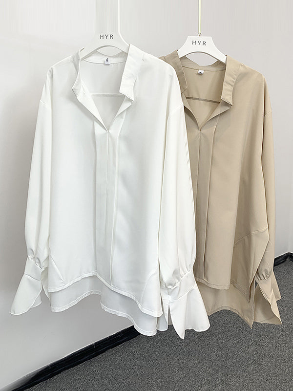 Flared Sleeves High-Low Buttoned Solid Color Split-Side V-Neck Blouses&Shirts Tops