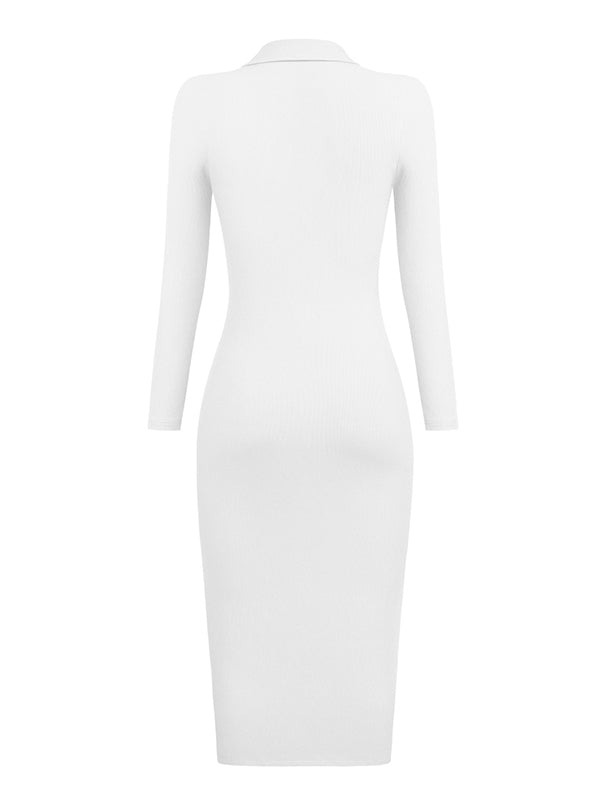 High Waisted Long Sleeves Buttoned Solid Color Lapel Midi Dresses