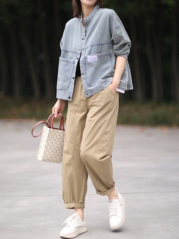 Long Sleeves Loose Buttoned Pockets Split-Joint Round-Neck Denim Outerwear