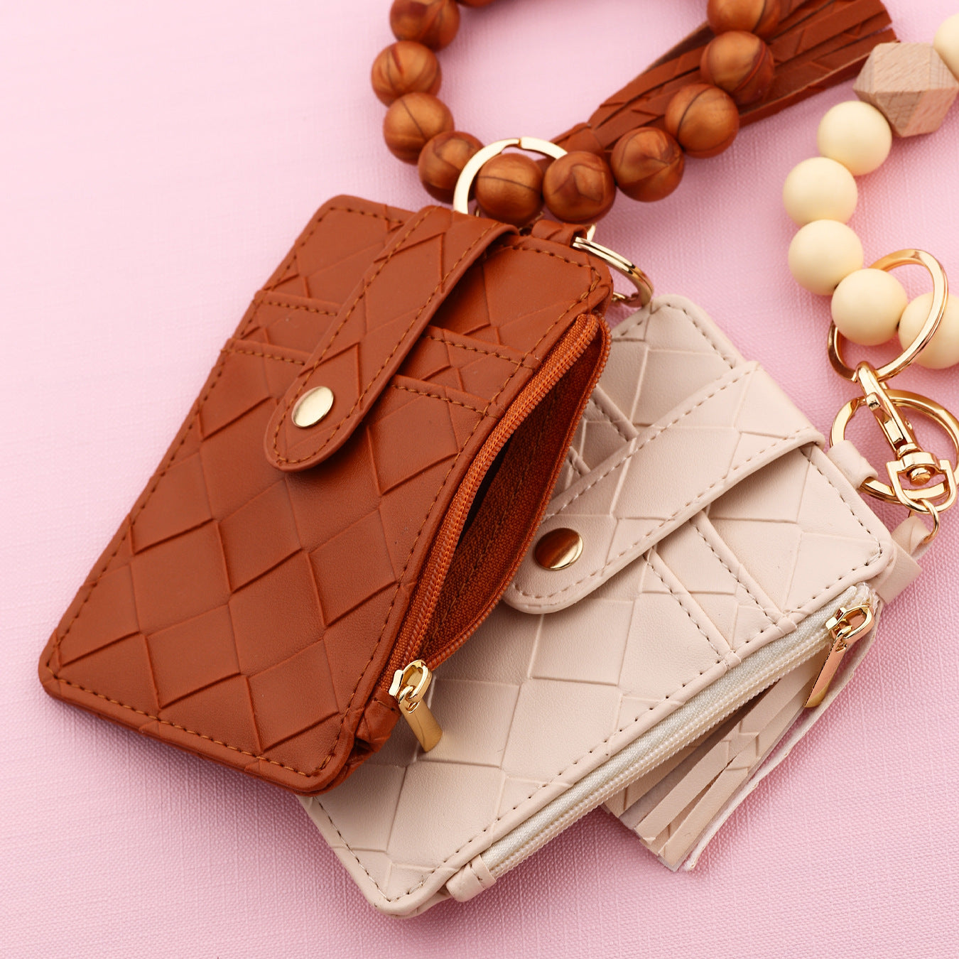 Lattice Key Chain In Beige, Stylish Accessory For Keys And Bags