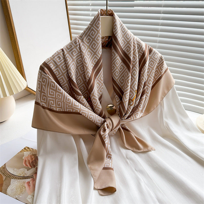 Silk Scarf In Wine Red Featuring Printing And Lines, Made Of Polyester, Perfect For Autumn