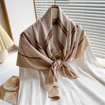 Silk Scarf In Wine Red Featuring Printing And Lines, Made Of Polyester, Perfect For Autumn