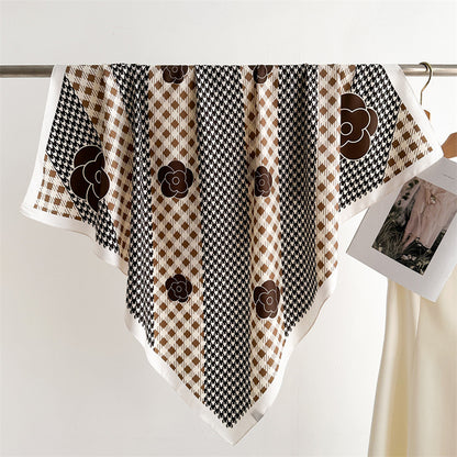 Silk Scarf In Wine Red Featuring Printing And Lines, Made Of Polyester, Perfect For Autumn