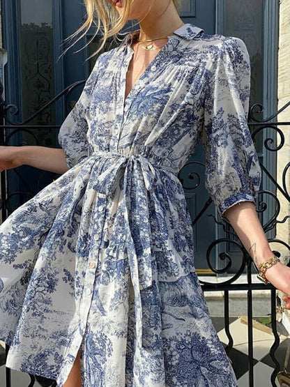 Loose Puff Sleeves Pleated Printed Split-Joint Tied Waist Lapel Mini Dresses Shirt Dress