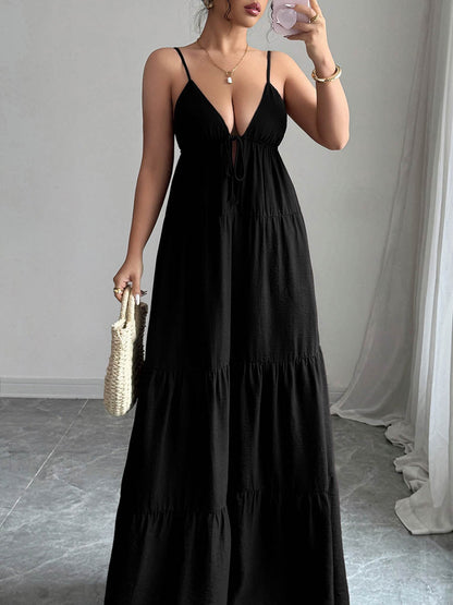 A-Line Sleeveless Backless Drawstring Pleated Solid Color Spaghetti-Neck Maxi Dresses