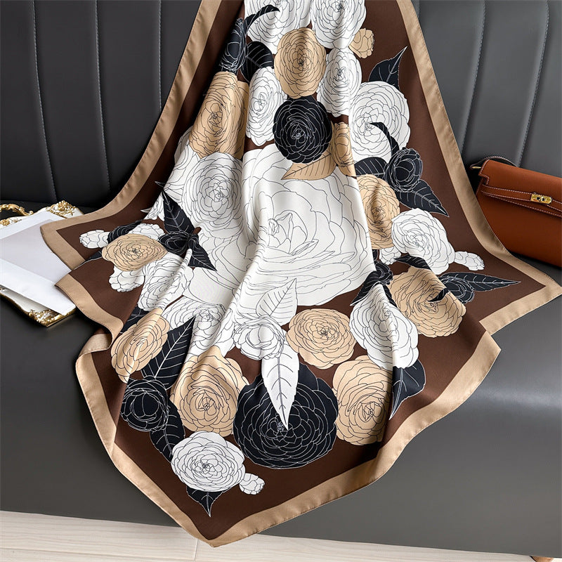 Silk Scarf In Wine Red Featuring Printing And Lines, Made Of Polyester, Perfect For Autumn