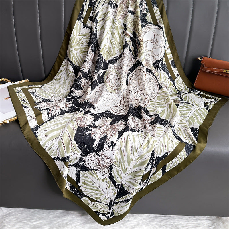 Silk Scarf In Wine Red Featuring Printing And Lines, Made Of Polyester, Perfect For Autumn