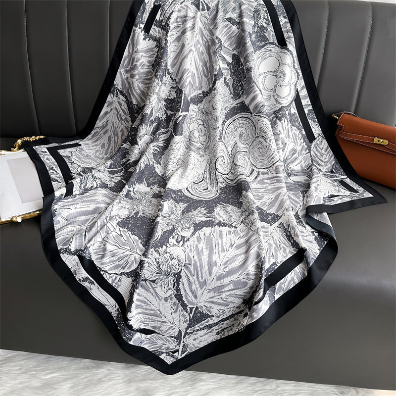 Silk Scarf In Wine Red Featuring Printing And Lines, Made Of Polyester, Perfect For Autumn