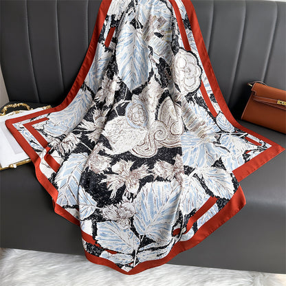 Silk Scarf In Wine Red Featuring Printing And Lines, Made Of Polyester, Perfect For Autumn