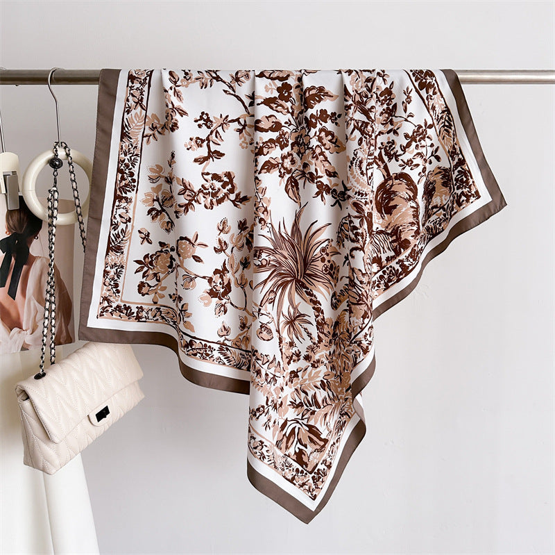 Silk Scarf In Wine Red Featuring Printing And Lines, Made Of Polyester, Perfect For Autumn