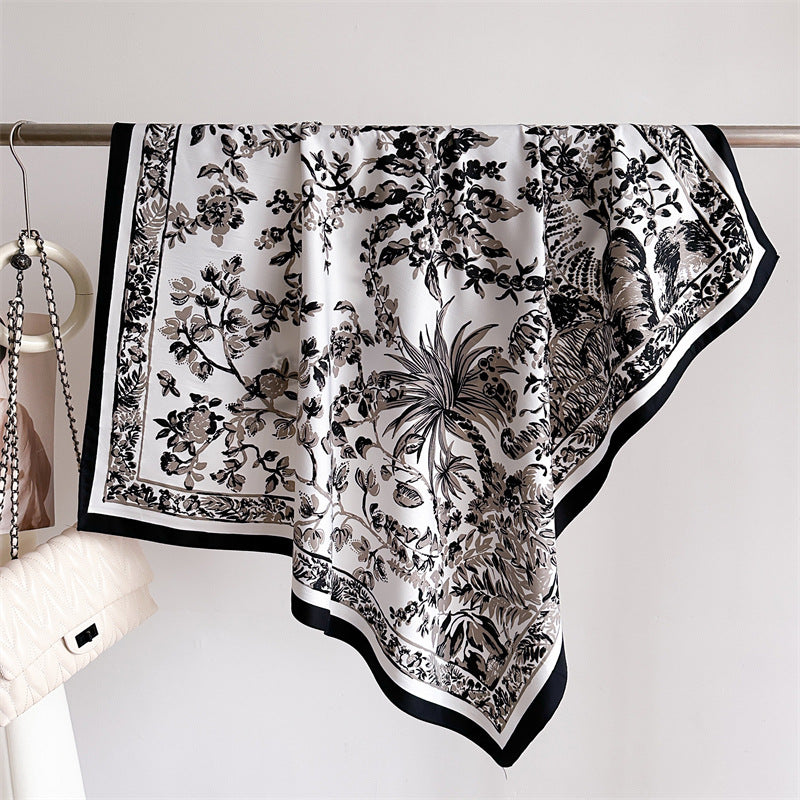 Silk Scarf In Wine Red Featuring Printing And Lines, Made Of Polyester, Perfect For Autumn
