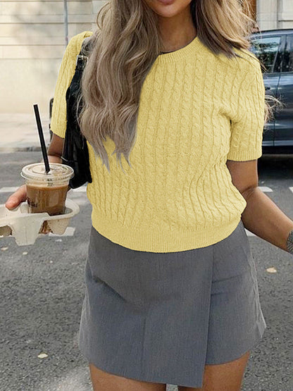 Short Sleeves Solid Color Split-Joint Round-neck Pullovers Sweater Tops