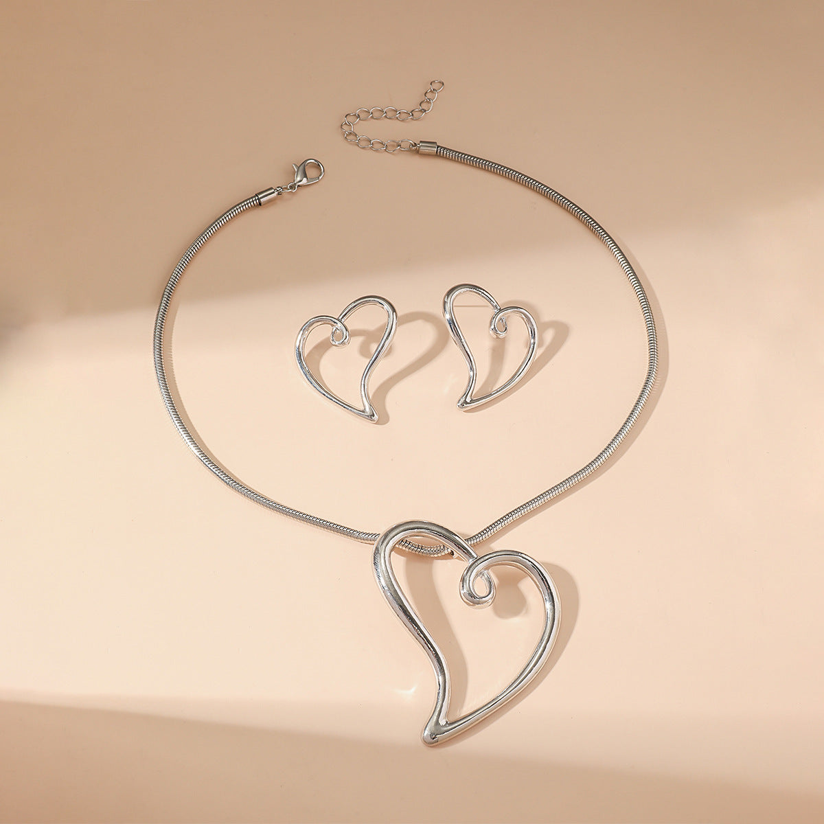 Metal Heart Necklace Earrings Set For Women Minimalist Simple Jewelry Accessories Floral Glass Inlay