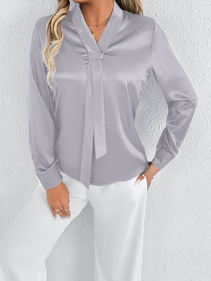 Long Sleeves Loose Solid Color Split-Joint Streamer Scarf Collar Blouses&Shirts Tops