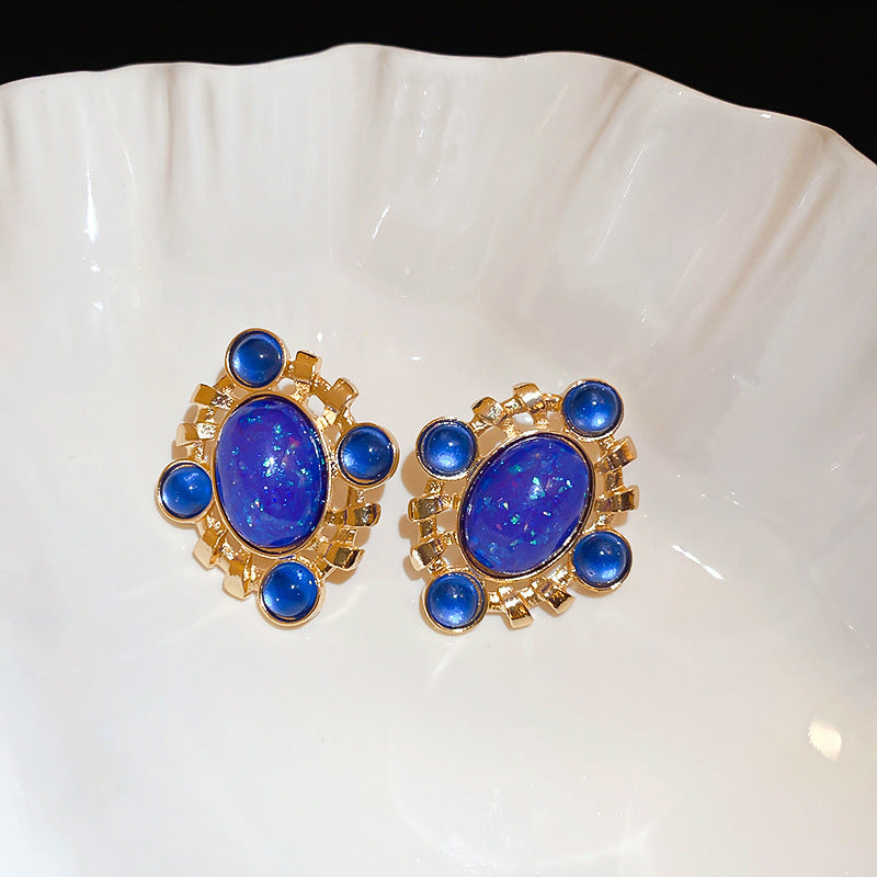 Round Enamel Stud Earrings For Women With Resin And Rhinestone Inlay, Electroplated Gold Plating Process