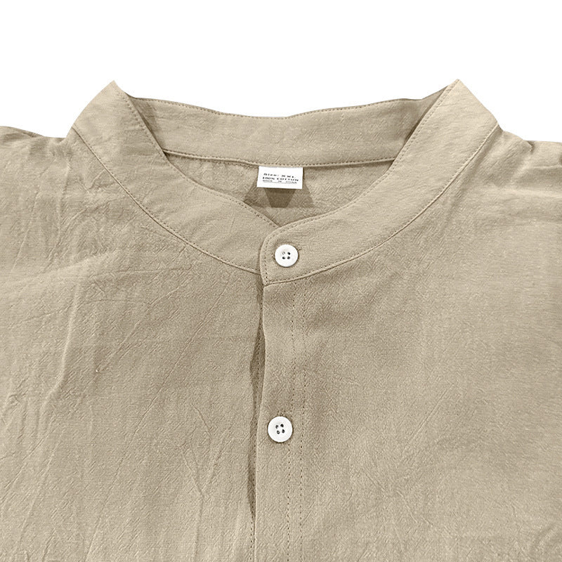 Men's Casual Khaki Linen Shorts Co-ord Set With V Neck Long Sleeve Top And Shorts