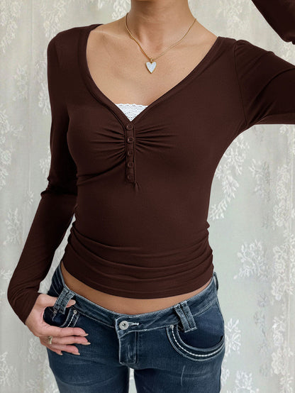 False Two Long Sleeves Buttoned Pleated Solid Color Split-Joint V-Neck T-Shirts Tops