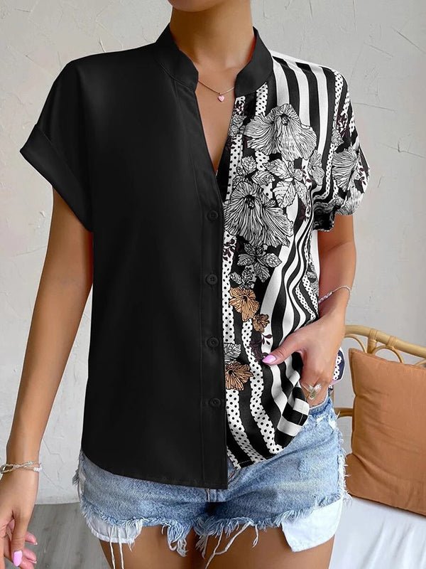 Loose Short Sleeves Buttoned Contrast Color Flower Print Striped V-Neck Blouses&Shirts Tops