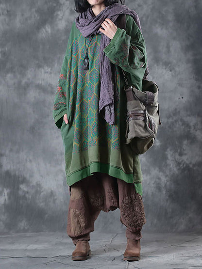Women Casual Autumn Worn Flower O-Neck Cotton Dress