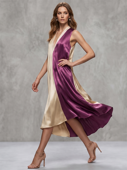A-Line Loose Contrast Color V-Neck Midi Dresses