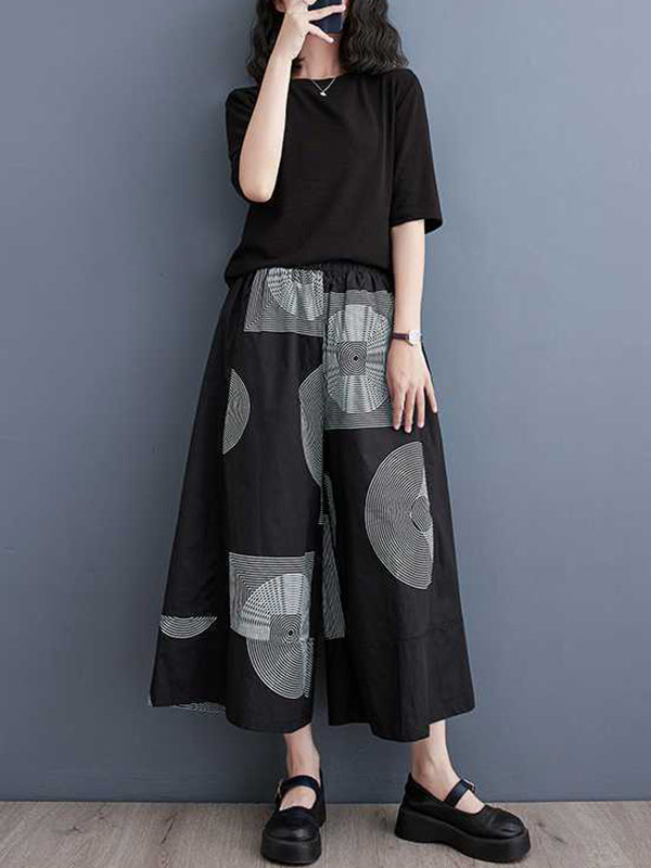 High Waisted Loose Elasticity Printed Cropped Trousers Pants