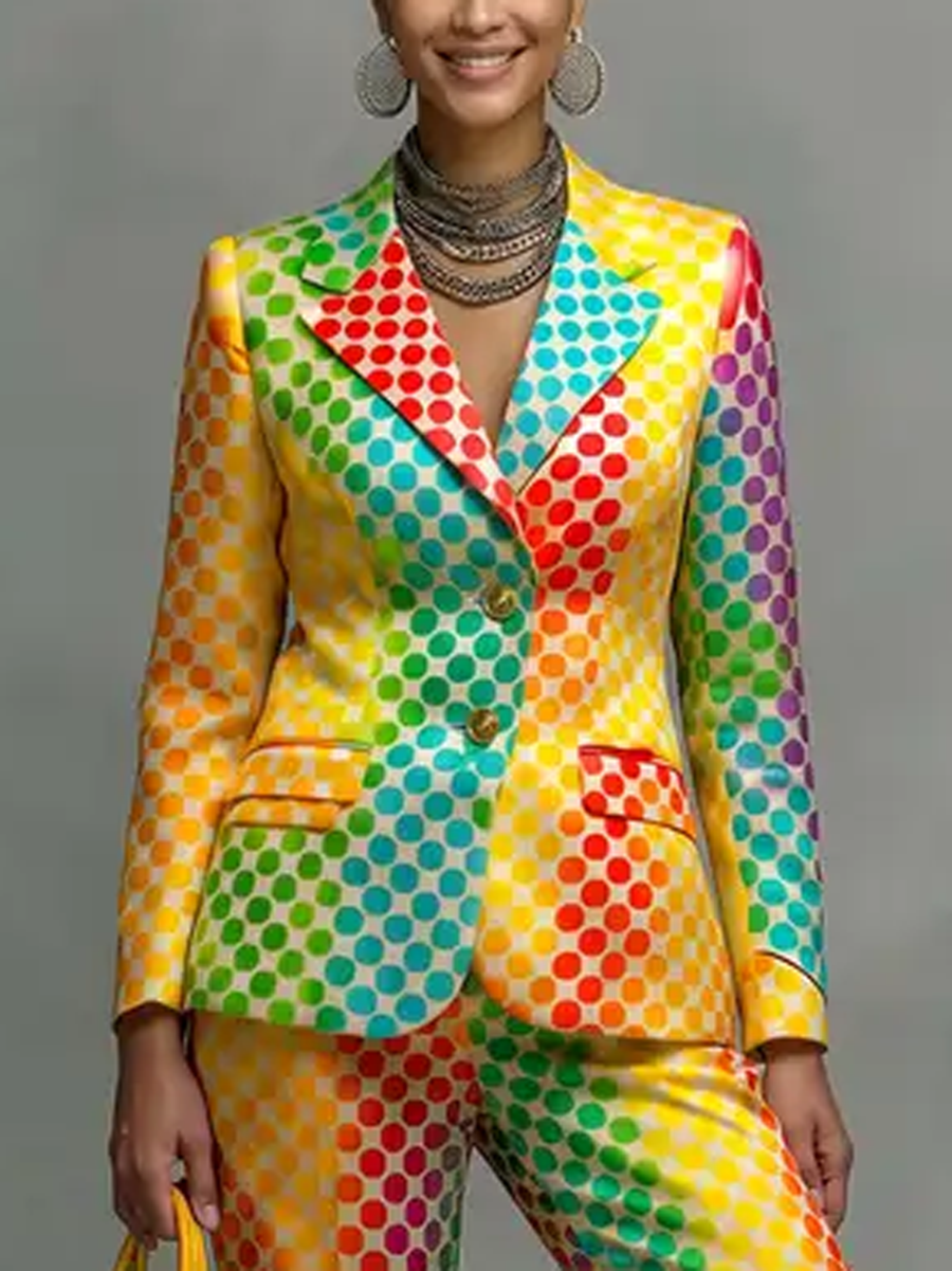 Polka-Dot No Belt Contrast Color Colorful Long Sleeves Notched Collar Outerwear Blazer