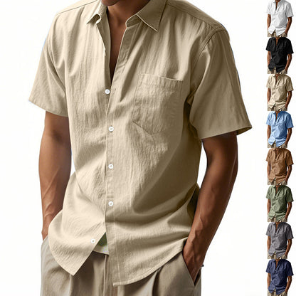 Solid Color Casual Linen Blouse With Short Sleeve And Shirt Collar For Men