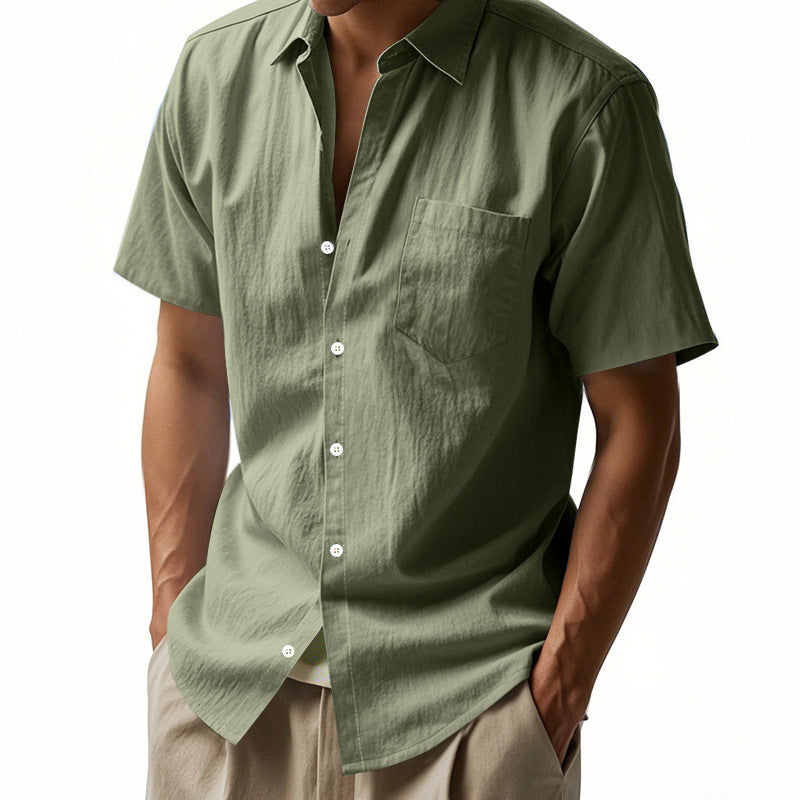 Solid Color Casual Linen Blouse With Short Sleeve And Shirt Collar For Men