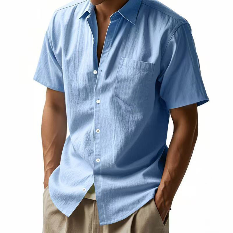 Solid Color Casual Linen Blouse With Short Sleeve And Shirt Collar For Men