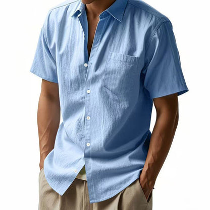 Solid Color Casual Linen Blouse With Short Sleeve And Shirt Collar For Men