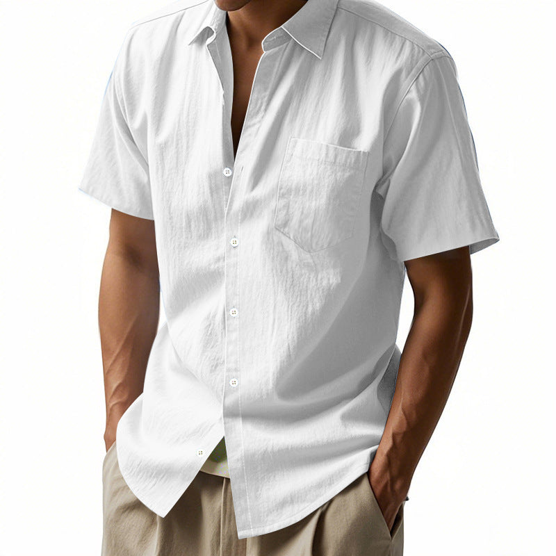 Solid Color Casual Linen Blouse With Short Sleeve And Shirt Collar For Men
