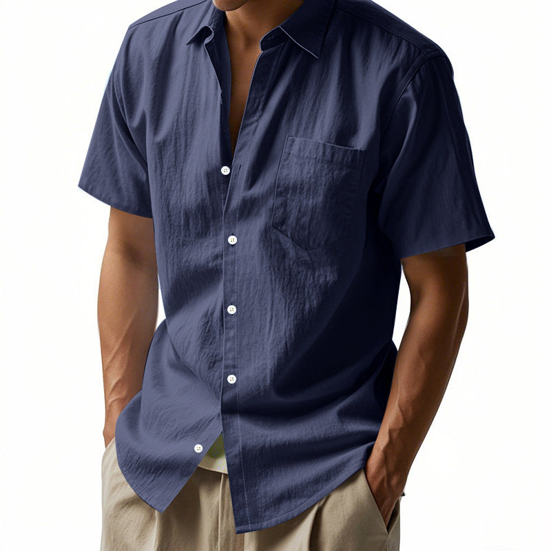 Solid Color Casual Linen Blouse With Short Sleeve And Shirt Collar For Men