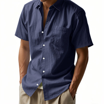 Solid Color Casual Linen Blouse With Short Sleeve And Shirt Collar For Men